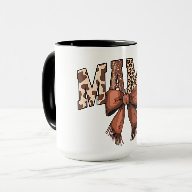 Animal Print MAMA Lettering with Brown Bow Mug (Front Left)