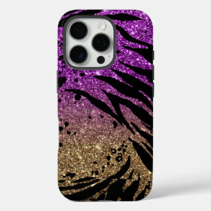 Animal Print on Purple & Gold Glitter iPhone 16 Pro Case