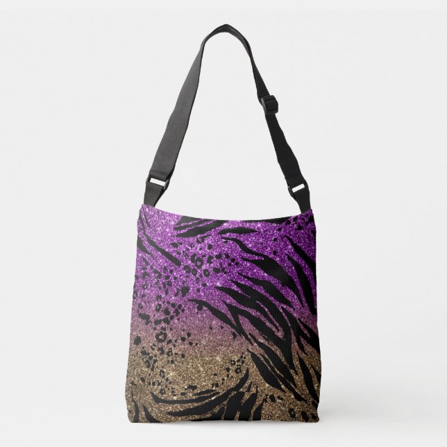 Animal Print on Purple & Gold Glitter Crossbody Bag (Front)