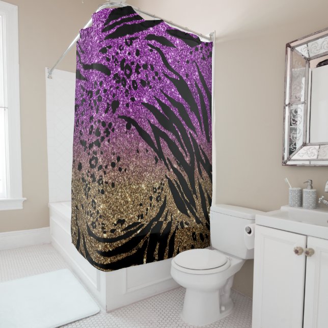 Animal Print on Purple & Gold Glitter Shower Curtain (In Situ)