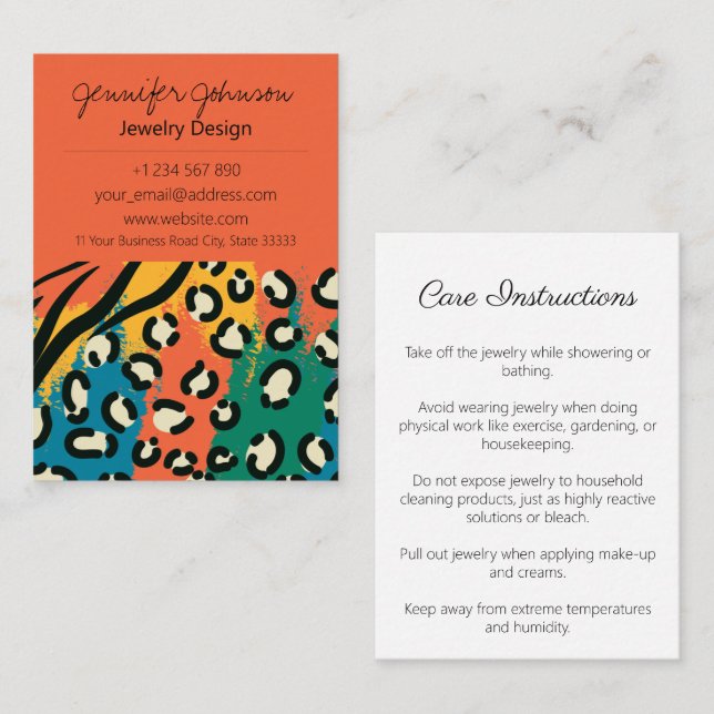 Animal Print Orange Colourful Jewellery Care Cards (Front/Back)