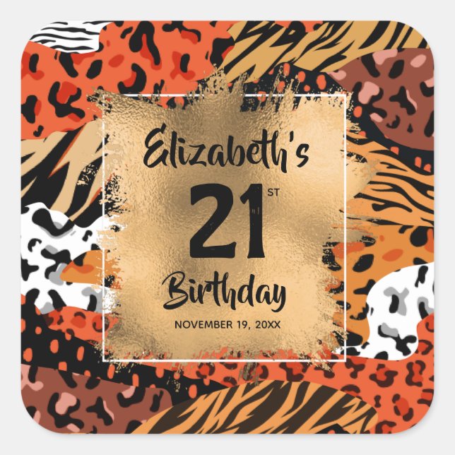 Animal Print Pattern 21st Birthday Personalised Square Sticker (Front)