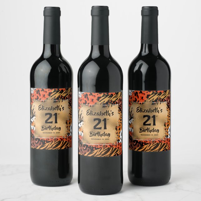 Animal Print Pattern 21st Birthday Personalised Wine Label (Bottles)