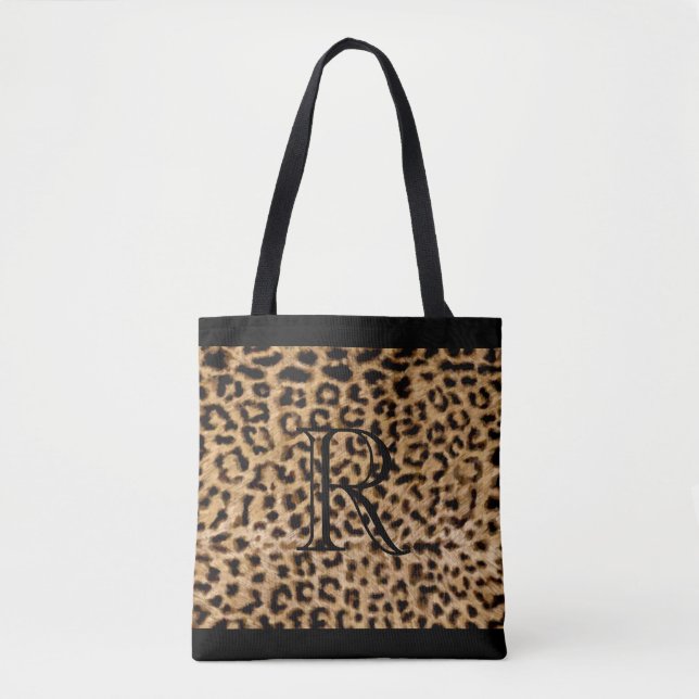 Animal Print Pattern with Monogram Tote Bag (Front)