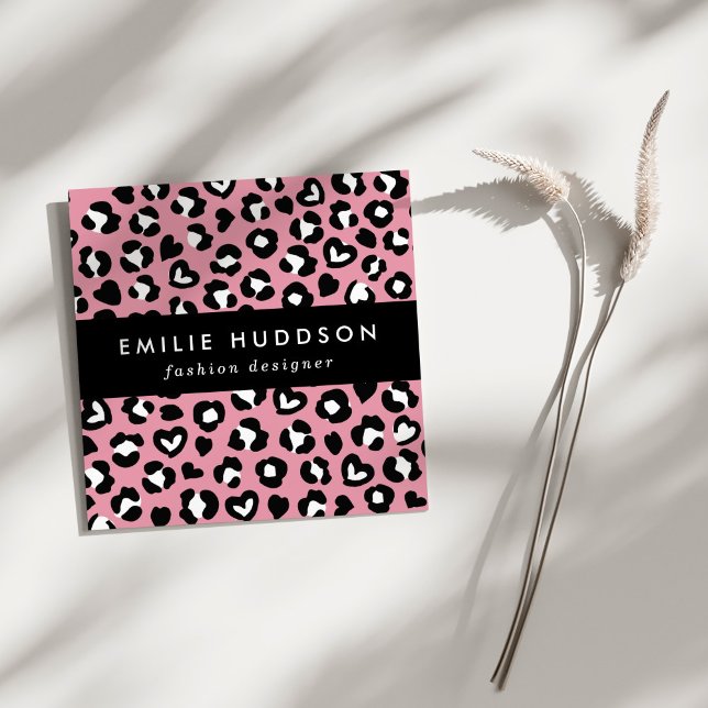 Animal Print, Pink Leopard, Cheetah Spots, Hearts Square Business Card (Creator Uploaded)