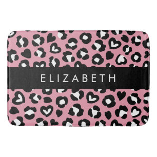 Animal Print, Pink Leopard, Hearts, Your Name Bath Mat