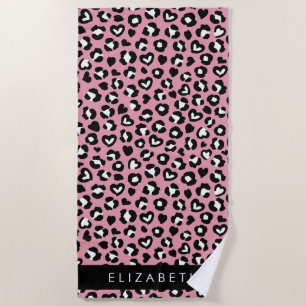 Animal Print, Pink Leopard, Hearts, Your Name Beach Towel