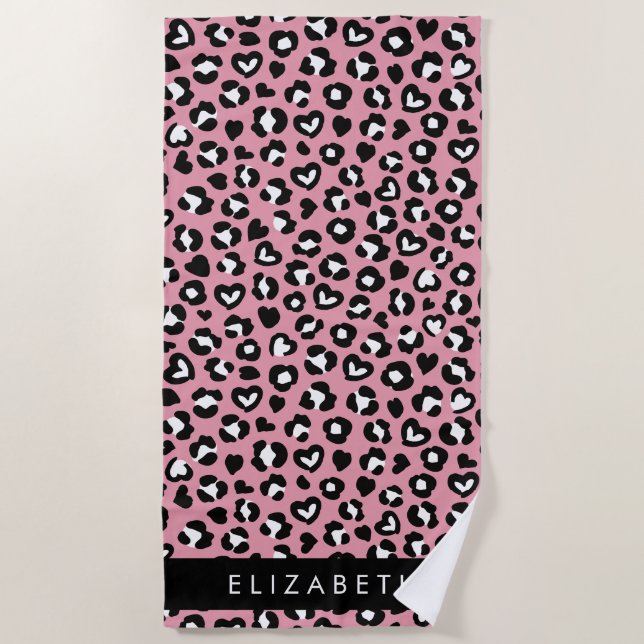 Animal Print, Pink Leopard, Hearts, Your Name Beach Towel (Front)