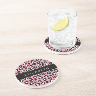 Animal Print, Pink Leopard, Hearts, Your Name Coaster
