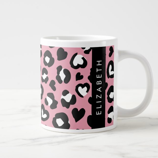 Animal Print, Pink Leopard, Hearts, Your Name Large Coffee Mug (Right)