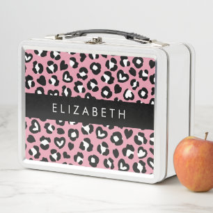 Animal Print, Pink Leopard, Hearts, Your Name Metal Lunch Box