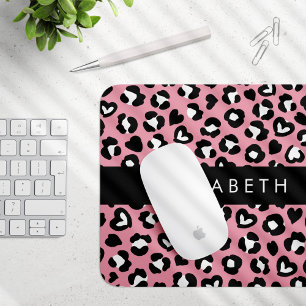 Animal Print, Pink Leopard, Hearts, Your Name Mouse Pad