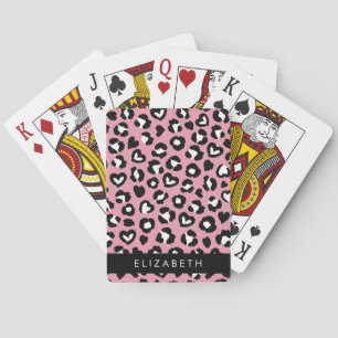 Animal Print, Pink Leopard, Hearts, Your Name Playing Cards