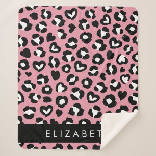 Animal Print, Pink Leopard, Hearts, Your Name Sherpa Blanket