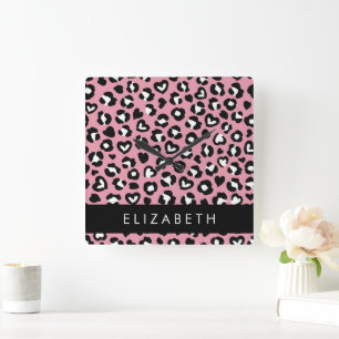 Animal Print, Pink Leopard, Hearts, Your Name Square Wall Clock