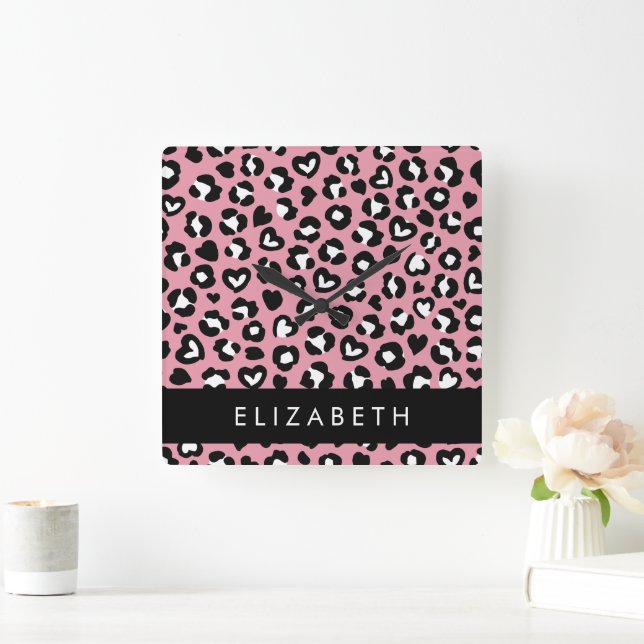 Animal Print, Pink Leopard, Hearts, Your Name Square Wall Clock (Home)