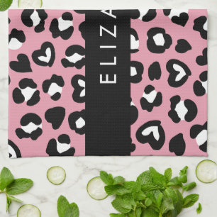 Animal Print, Pink Leopard, Hearts, Your Name Tea Towel