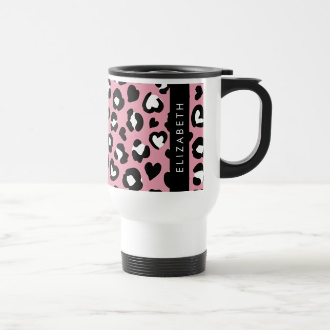 Animal Print, Pink Leopard, Hearts, Your Name Travel Mug (Right)