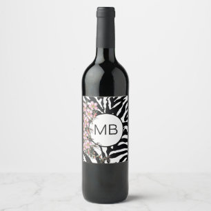 Animal Print Pink Wild Flower Monogram Black White Wine Label