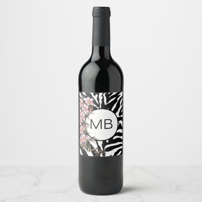 Animal Print Pink Wild Flower Monogram Black White Wine Label (Front)