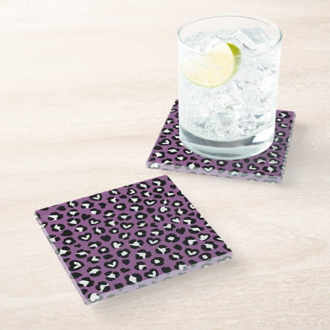 Animal Print, Purple Leopard, Cheetah Spots, Heart Glass Coaster (Angled)