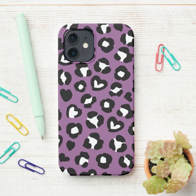 Animal Print, Purple Leopard, Cheetah Spots, Heart iPhone Case (On Desk)