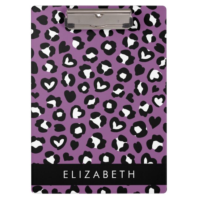 Animal Print, Purple Leopard, Hearts, Your Name Clipboard (Front)