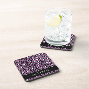 Animal Print, Purple Leopard, Hearts, Your Name Coaster