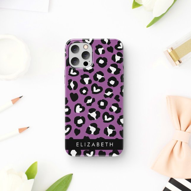 Animal Print, Purple Leopard, Hearts, Your Name iPhone 16 Case (Creator Uploaded)