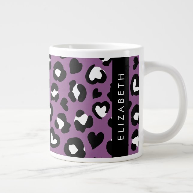 Animal Print, Purple Leopard, Hearts, Your Name Large Coffee Mug (Right)