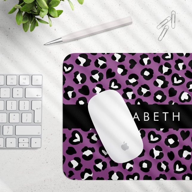 Animal Print, Purple Leopard, Hearts, Your Name Mouse Pad (Creator Uploaded)