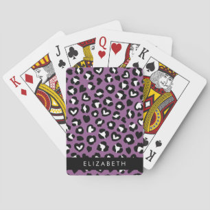 Animal Print, Purple Leopard, Hearts, Your Name Playing Cards
