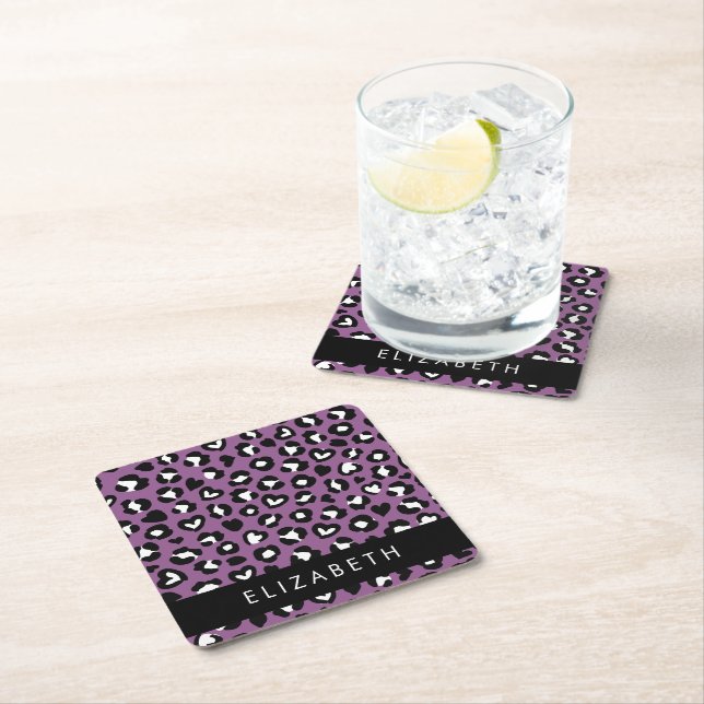 Animal Print, Purple Leopard, Hearts, Your Name Square Paper Coaster (Insitu)