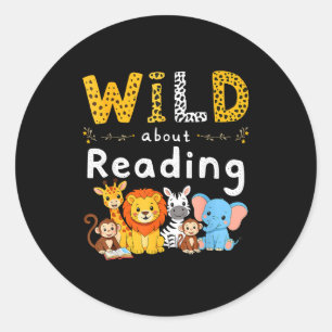 Animal print read a book character kids wild about classic round sticker
