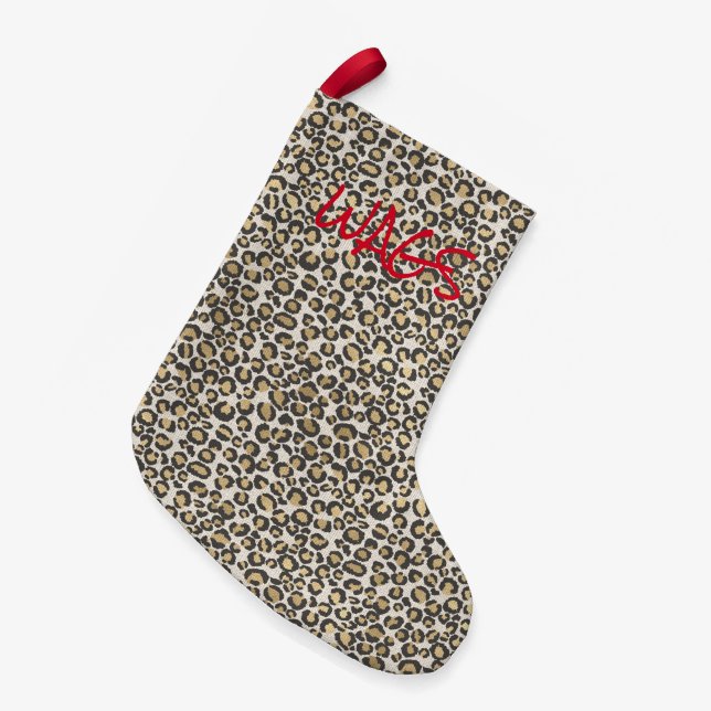 Animal Print Red PET NAME Chic Holiday Fun Small Christmas Stocking (Front (Hanging))