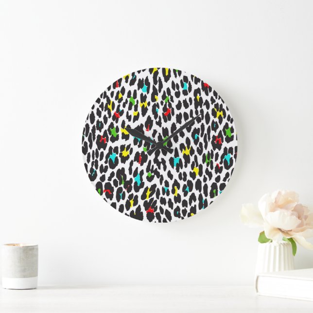Animal Print, Spotted Leopard - Yellow Blue Green Large Clock (Home)