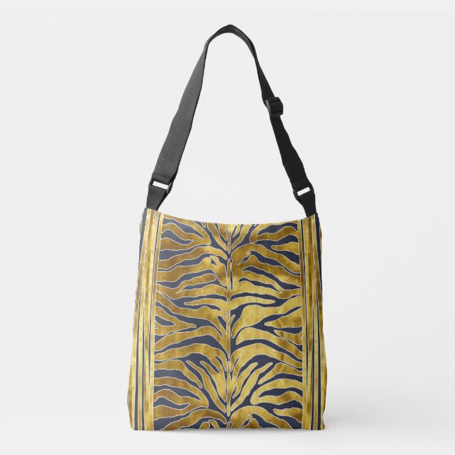 Animal print, tiger stripes in gold, blue, white crossbody bag (Front)