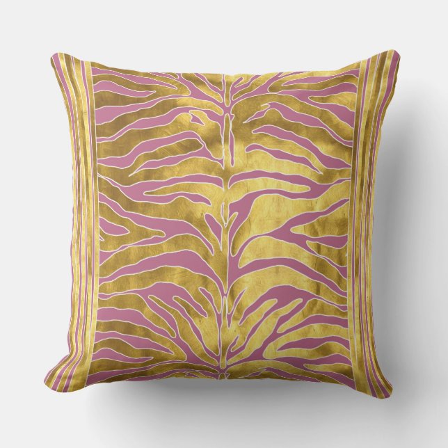 Animal print, tiger stripes in gold, blush, white cushion (Front)