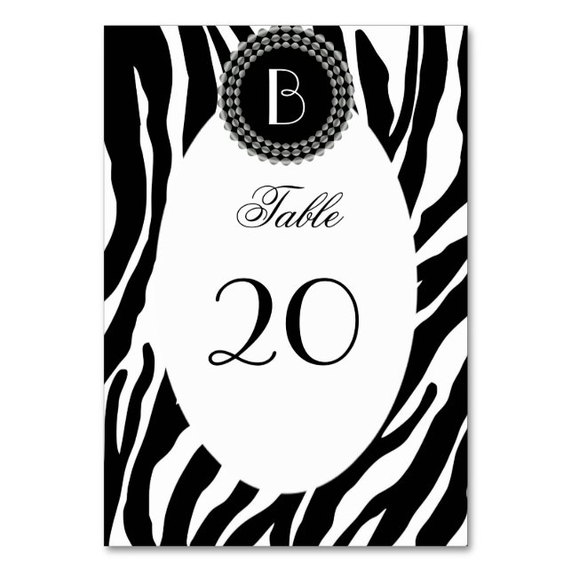 Animal Print Zebra Pattern and Monogram Table Number (Front)