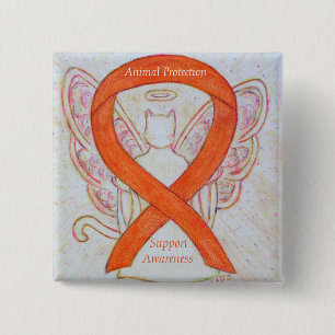 Animal Protection Orange Ribbon Cat Angel Art Pin
