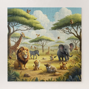 Animal Safari Lion Giraffe Birds Elephant Trees Jigsaw Puzzle