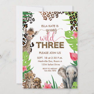 Animal Safari Third Birthday Young Wild and Three Invitation