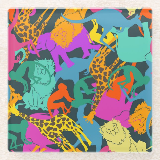 Animal Silhouettes Pattern Glass Coaster (Front)