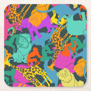 Animal Silhouettes Pattern Square Paper Coaster
