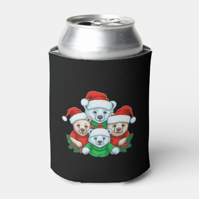 Animal Sitting in snow with Lights Christmas Santa Can Cooler (Can Front)