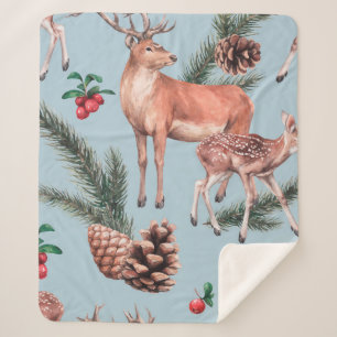 animal sketch pattern with deer pine cones and twi sherpa blanket