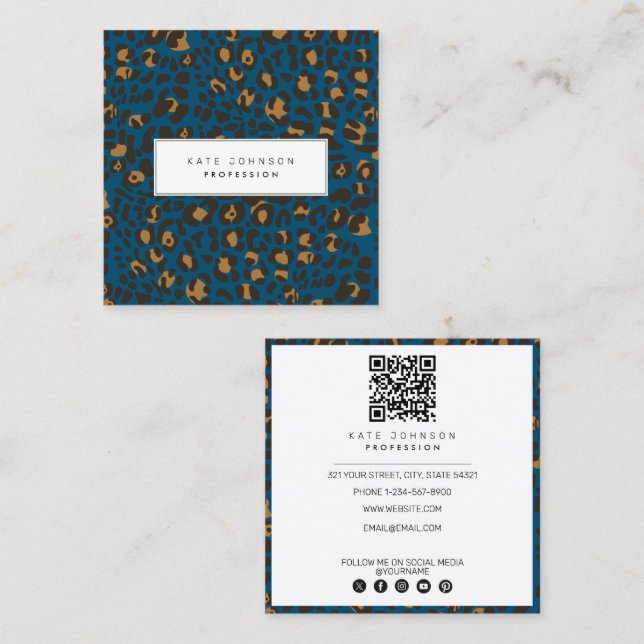 Animal Skin Leopard Print Pattern Blue QR Code  Square Business Card (Front/Back)