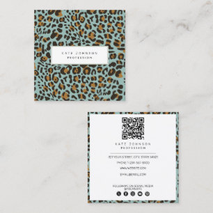Animal Skin Leopard Print Pattern Sage QR Code Square Business Card
