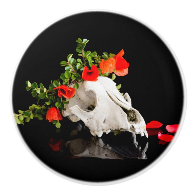 Animal skull with a wreath of wild flower ceramic knob (Front)