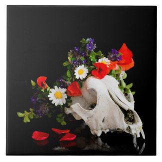 Animal skull with a wreath of wild flower tile